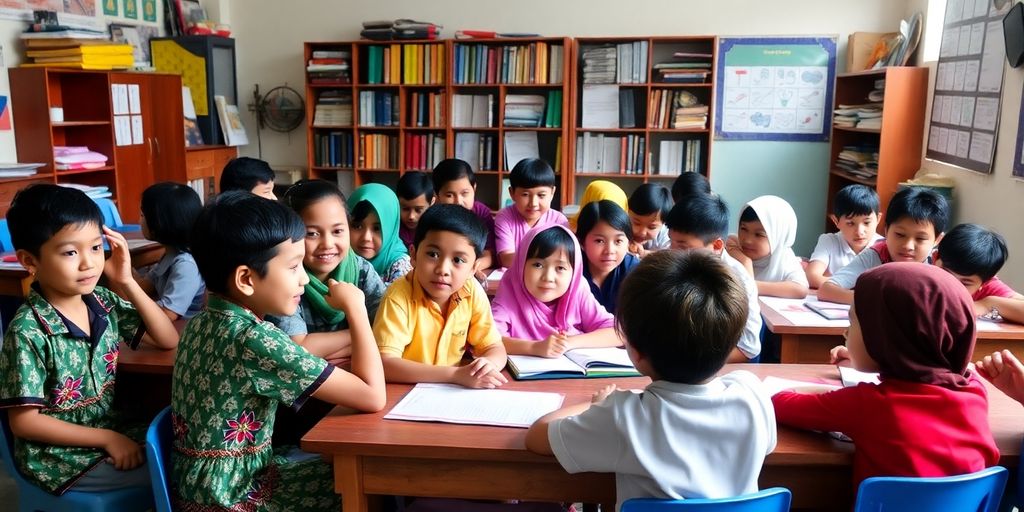 Kelas dengan siswa belajar bersama di Indonesia.