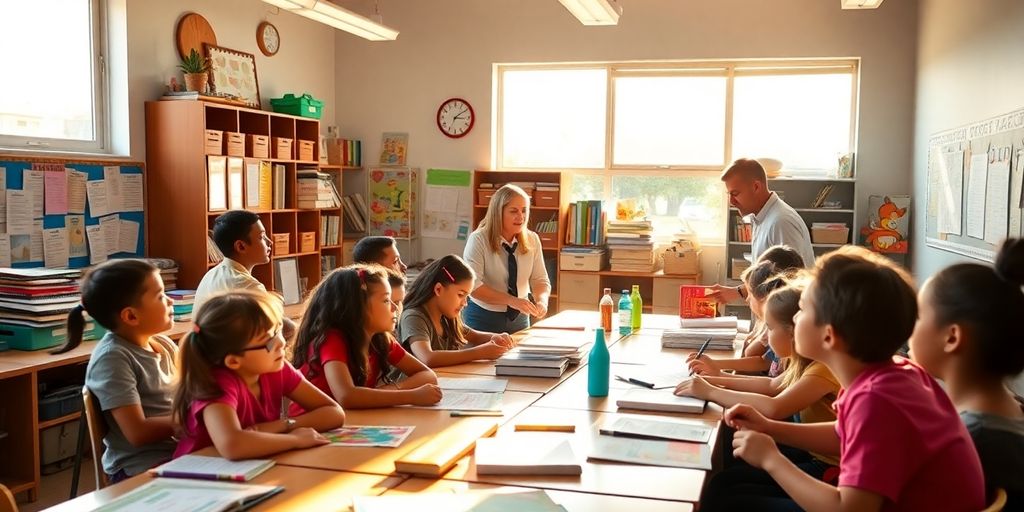 Kelas yang aktif dengan siswa dan guru sedang belajar.